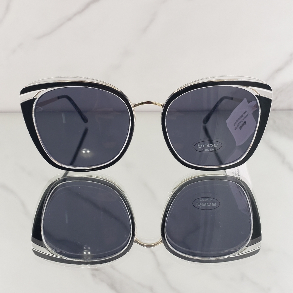 Bebe Sunglasses Black Clear Cat Eye Translucent Sunglasses Metallic Trim Logo